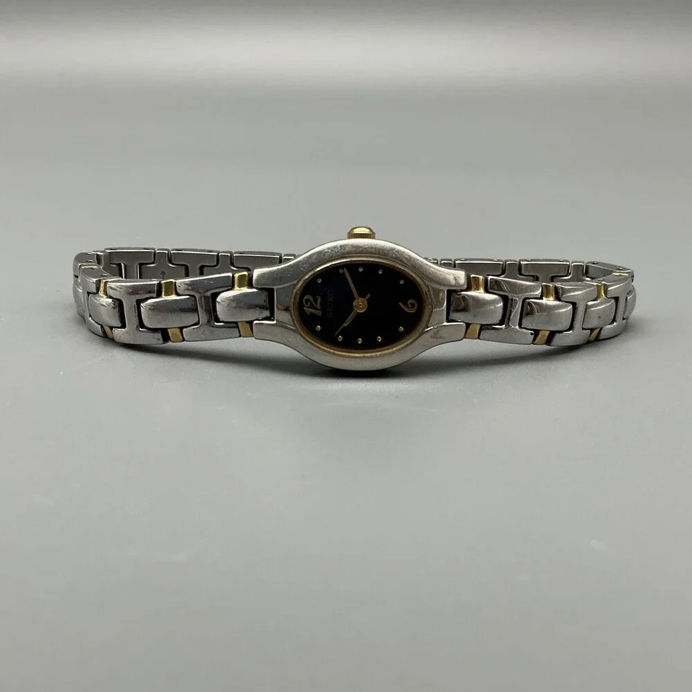 Seiko Womens Watch 17mm Blue Oval Dial Two Tone 1N01-0CT0 New Battery 7.5
